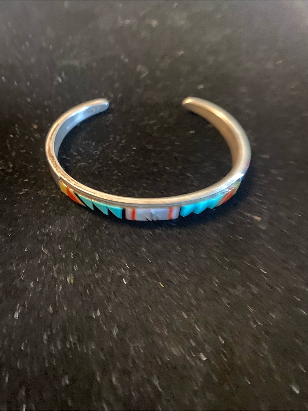 Zuni Sterling Silver Multi Stone Inlay Cuff Bracelet. CM Booqua